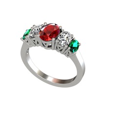 Oval 5 Taşlı Yüzük - Garnet, swarovski ve yeşil kuvars 8 ayar beyaz altın yüzük #1miaxai