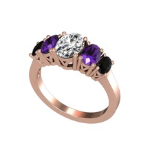 Oval 5 Taşlı Yüzük - Beyaz zirkon, ametist ve siyah zirkon 18 ayar rose altın yüzük #1mv70ae