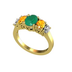 Kök zümrüt, sitrin ve swarovski 925 ayar altın kaplama gümüş yüzük