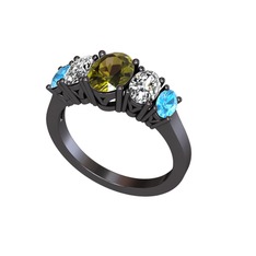 Oval 5 Taşlı Yüzük - Peridot, beyaz zirkon ve akuamarin 925 ayar siyah rodyum kaplama gümüş yüzük #1n3z8dk