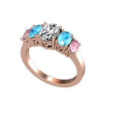 Oval 5 Taşlı Yüzük - Swarovski, akuamarin ve pembe kuvars 14 ayar rose altın yüzük #1nfwcil
