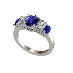 Oval 5 Taşlı Yüzük - Lab safir ve swarovski 14 ayar beyaz altın yüzük #1nyrscq