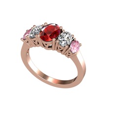 Oval 5 Taşlı Yüzük - Garnet, beyaz zirkon ve pembe kuvars 18 ayar rose altın yüzük #1o3vvjd
