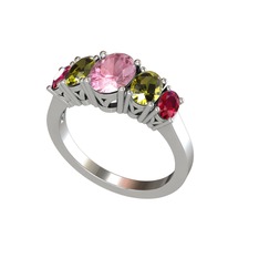 Oval 5 Taşlı Yüzük - Pembe kuvars, peridot ve rodolit garnet 14 ayar beyaz altın yüzük #1o56zoa