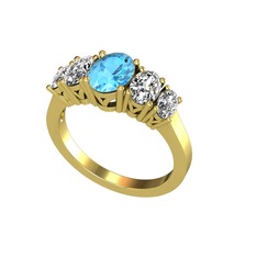 Oval 5 Taşlı Yüzük - Akuamarin, beyaz zirkon ve swarovski 18 ayar altın yüzük #1omwusg