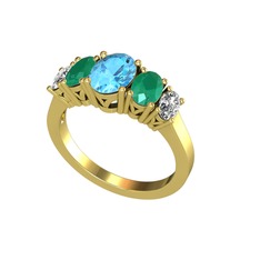 Oval 5 Taşlı Yüzük - Akuamarin, kök zümrüt ve swarovski 14 ayar altın yüzük #1opcm55