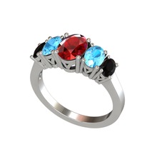 Garnet, akuamarin ve siyah zirkon 14 ayar beyaz altın yüzük