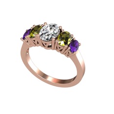 Oval 5 Taşlı Yüzük - Swarovski, peridot ve ametist 14 ayar rose altın yüzük #1p06h50