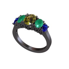 Oval 5 Taşlı Yüzük - Peridot, kök zümrüt ve lab safir 925 ayar siyah rodyum kaplama gümüş yüzük #1p357hk