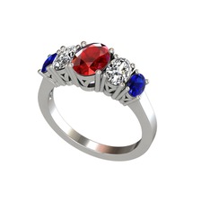 Oval 5 Taşlı Yüzük - Garnet, swarovski ve lab safir 14 ayar beyaz altın yüzük #1p6c156