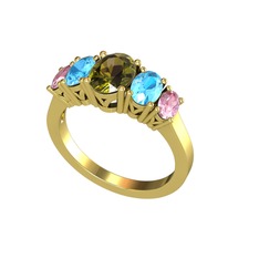 Peridot, akuamarin ve pembe kuvars 18 ayar altın yüzük