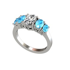 Oval 5 Taşlı Yüzük - Swarovski ve akuamarin 8 ayar beyaz altın yüzük #1qkztfa