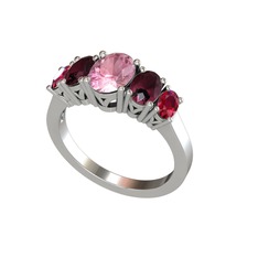 Oval 5 Taşlı Yüzük - Pembe kuvars, kök yakut ve rodolit garnet 18 ayar beyaz altın yüzük #1srn0h0