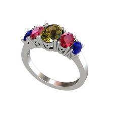 Oval 5 Taşlı Yüzük - Peridot, rodolit garnet ve lab safir 14 ayar beyaz altın yüzük #1tlp6gj
