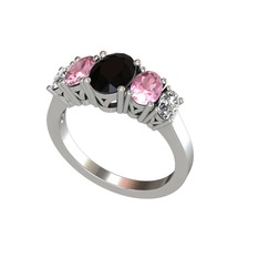 Oval 5 Taşlı Yüzük - Siyah zirkon, pembe kuvars ve swarovski 14 ayar beyaz altın yüzük #1tvcyl0