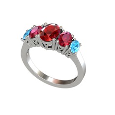 Oval 5 Taşlı Yüzük - Garnet, rodolit garnet ve akuamarin 8 ayar beyaz altın yüzük #1uuse8a
