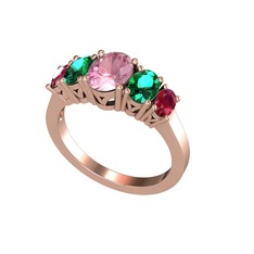 Oval 5 Taşlı Yüzük - Pembe kuvars, yeşil kuvars ve rodolit garnet 14 ayar rose altın yüzük #1v75reb