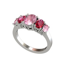 Oval 5 Taşlı Yüzük - Pembe kuvars ve rodolit garnet 14 ayar beyaz altın yüzük #1vdr50l