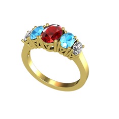 Garnet, akuamarin ve swarovski 14 ayar altın yüzük