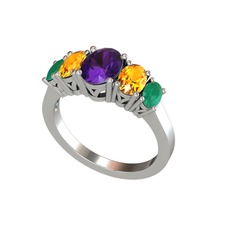 Oval 5 Taşlı Yüzük - Ametist, sitrin ve kök zümrüt 14 ayar beyaz altın yüzük #1w3kggu