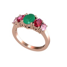 Oval 5 Taşlı Yüzük - Kök zümrüt, rodolit garnet ve pembe kuvars 925 ayar rose altın kaplama gümüş yüzük #1wem5kj