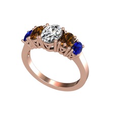 Oval 5 Taşlı Yüzük - Swarovski, dumanlı kuvars ve lab safir 18 ayar rose altın yüzük #1wgvtco