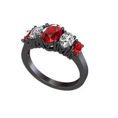 Oval 5 Taşlı Yüzük - Garnet ve swarovski 925 ayar siyah rodyum kaplama gümüş yüzük #1wzkw05