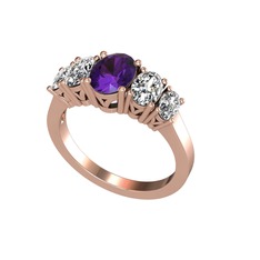 Oval 5 Taşlı Yüzük - Ametist, swarovski ve beyaz zirkon 14 ayar rose altın yüzük #1x59vji
