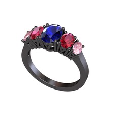 Oval 5 Taşlı Yüzük - Lab safir, rodolit garnet ve pembe kuvars 925 ayar siyah rodyum kaplama gümüş yüzük #1xcrmig