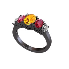 Oval 5 Taşlı Yüzük - Sitrin, rodolit garnet ve beyaz zirkon 925 ayar siyah rodyum kaplama gümüş yüzük #1xlyn2g