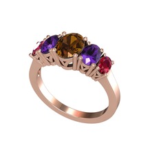 Oval 5 Taşlı Yüzük - Dumanlı kuvars, ametist ve rodolit garnet 8 ayar rose altın yüzük #1y12thm