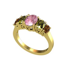 Pembe kuvars, peridot ve dumanlı kuvars 8 ayar altın yüzük