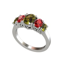 Oval 5 Taşlı Yüzük - Peridot ve garnet 14 ayar beyaz altın yüzük #1yf0a7h