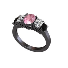 Pembe kuvars, swarovski ve siyah zirkon 925 ayar siyah rodyum kaplama gümüş yüzük