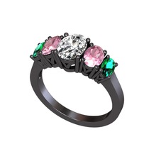 Swarovski, pembe kuvars ve yeşil kuvars 925 ayar siyah rodyum kaplama gümüş yüzük