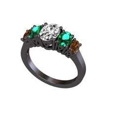 Oval 5 Taşlı Yüzük - Swarovski, yeşil kuvars ve dumanlı kuvars 925 ayar siyah rodyum kaplama gümüş yüzük #1yzopsm