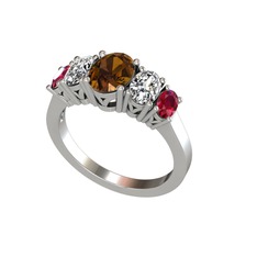 Oval 5 Taşlı Yüzük - Dumanlı kuvars, swarovski ve rodolit garnet 14 ayar beyaz altın yüzük #2a4n4f