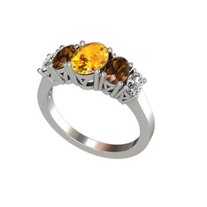 Oval 5 Taşlı Yüzük - Sitrin, dumanlı kuvars ve swarovski 8 ayar beyaz altın yüzük #2d9rdl