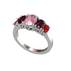 Oval 5 Taşlı Yüzük - Pembe kuvars, kök yakut ve garnet 18 ayar beyaz altın yüzük #2gnj3q
