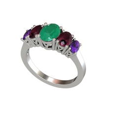Kök zümrüt, kök yakut ve ametist 8 ayar beyaz altın yüzük