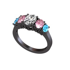 Swarovski, pembe kuvars ve akuamarin 925 ayar siyah rodyum kaplama gümüş yüzük