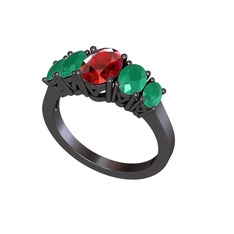 Oval 5 Taşlı Yüzük - Garnet ve kök zümrüt 925 ayar siyah rodyum kaplama gümüş yüzük #3ya7ip