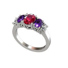 Oval 5 Taşlı Yüzük - Rodolit garnet, ametist ve beyaz zirkon 18 ayar beyaz altın yüzük #4gfzyq