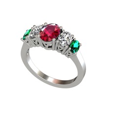 Oval 5 Taşlı Yüzük - Rodolit garnet, swarovski ve yeşil kuvars 14 ayar beyaz altın yüzük #4gu5gm