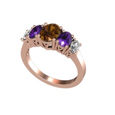 Oval 5 Taşlı Yüzük - Dumanlı kuvars, ametist ve swarovski 14 ayar rose altın yüzük #4moy60