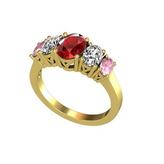 Oval 5 Taşlı Yüzük - Garnet, swarovski ve pembe kuvars 14 ayar altın yüzük #4n88k2