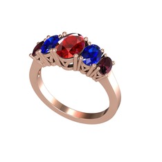 Oval 5 Taşlı Yüzük - Garnet, lab safir ve kök yakut 14 ayar rose altın yüzük #5121ku