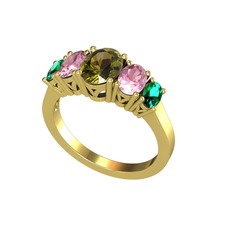 Oval 5 Taşlı Yüzük - Peridot, pembe kuvars ve yeşil kuvars 18 ayar altın yüzük #514zbl