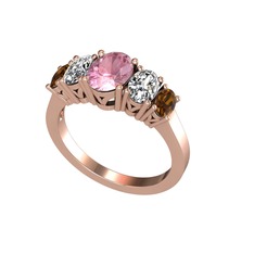 Oval 5 Taşlı Yüzük - Pembe kuvars, swarovski ve dumanlı kuvars 8 ayar rose altın yüzük #594fcw
