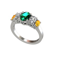 Oval 5 Taşlı Yüzük - Yeşil kuvars, swarovski ve sitrin 18 ayar beyaz altın yüzük #5t0b9r